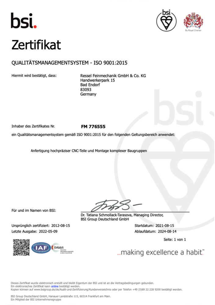 Zertifikat DIN EN ISO 9001:2015 Deutsch